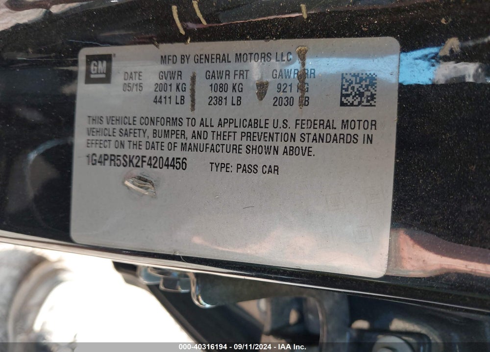 2015 BUICK VERANO CONVENIENCE GROUP VIN: 1G4PR5SK2F4204456