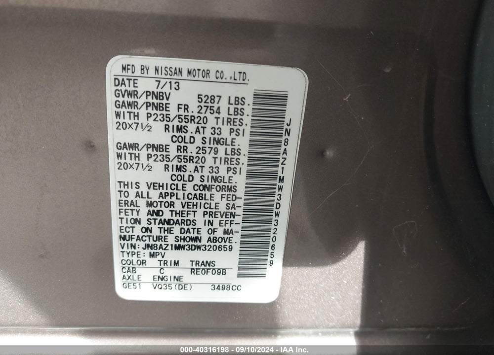 2013 NISSAN MURANO LE VIN: JN8AZ1MW3DW320659