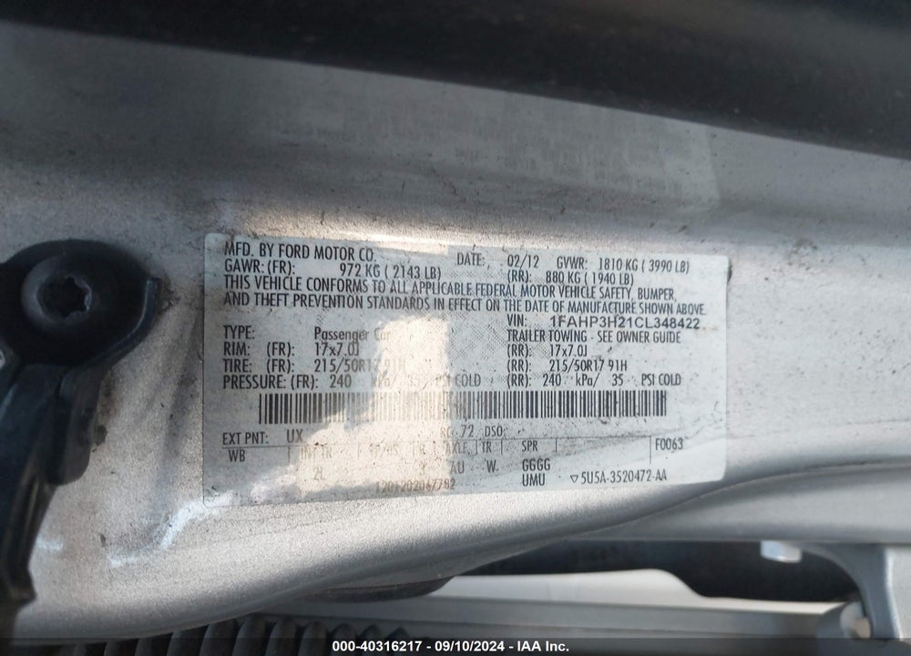 2012 FORD FOCUS SEL VIN: 1FAHP3H21CL348422