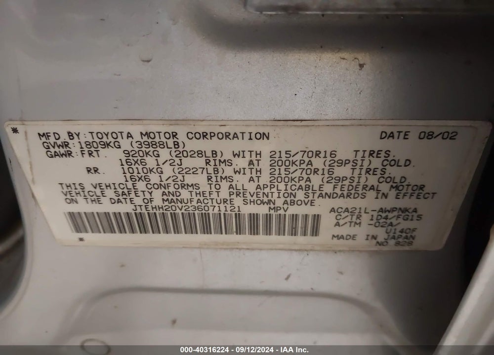 2003 TOYOTA RAV4 VIN: JTEHH20V236071121