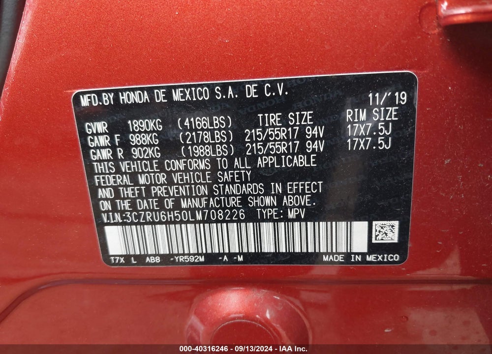 2020 HONDA HR-V AWD EX VIN: 3CZRU6H50LM708226