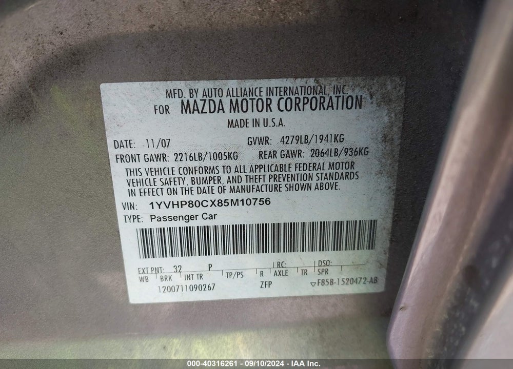 2008 MAZDA 6 I SPORT VE VIN: 1YVHP80CX85M10756