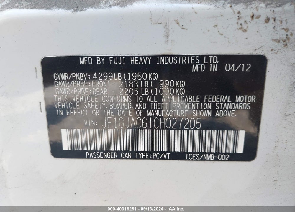 2012 SUBARU IMPREZA 2.0I PREMIUM VIN: JF1GJAC61CH027205