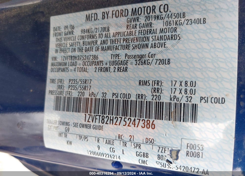 2007 FORD MUSTANG GT VIN: 1ZVFT82H275247386