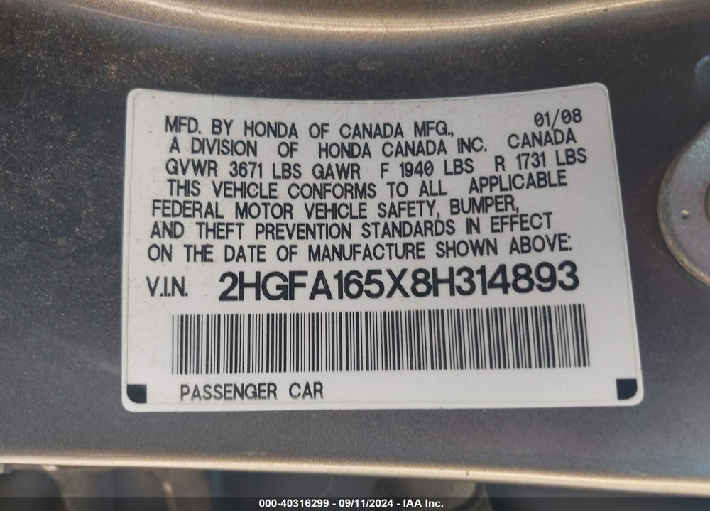 2008 HONDA CIVIC LX VIN: 2HGFA165X8H314893