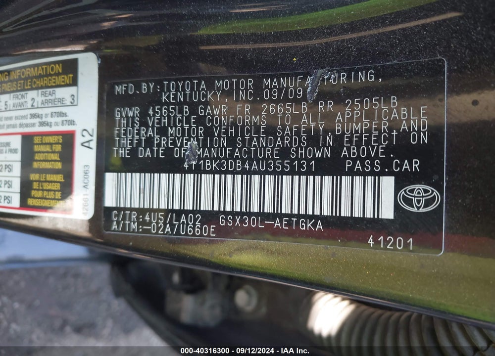 2010 TOYOTA AVALON XLS VIN: 4T1BK3DB4AU355131