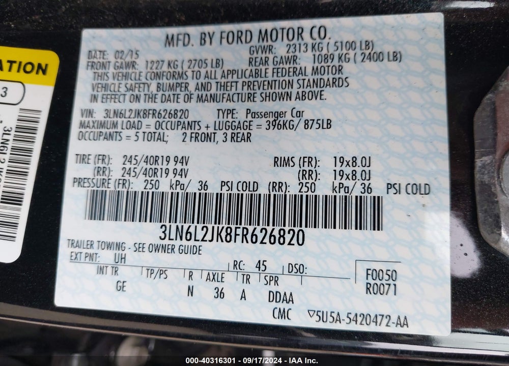 2015 LINCOLN MKZ VIN: 3LN6L2JK8FR626820