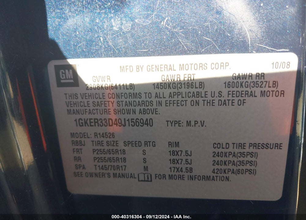 2009 GMC ACADIA SLT-2 VIN: 1GKER33D49J156940