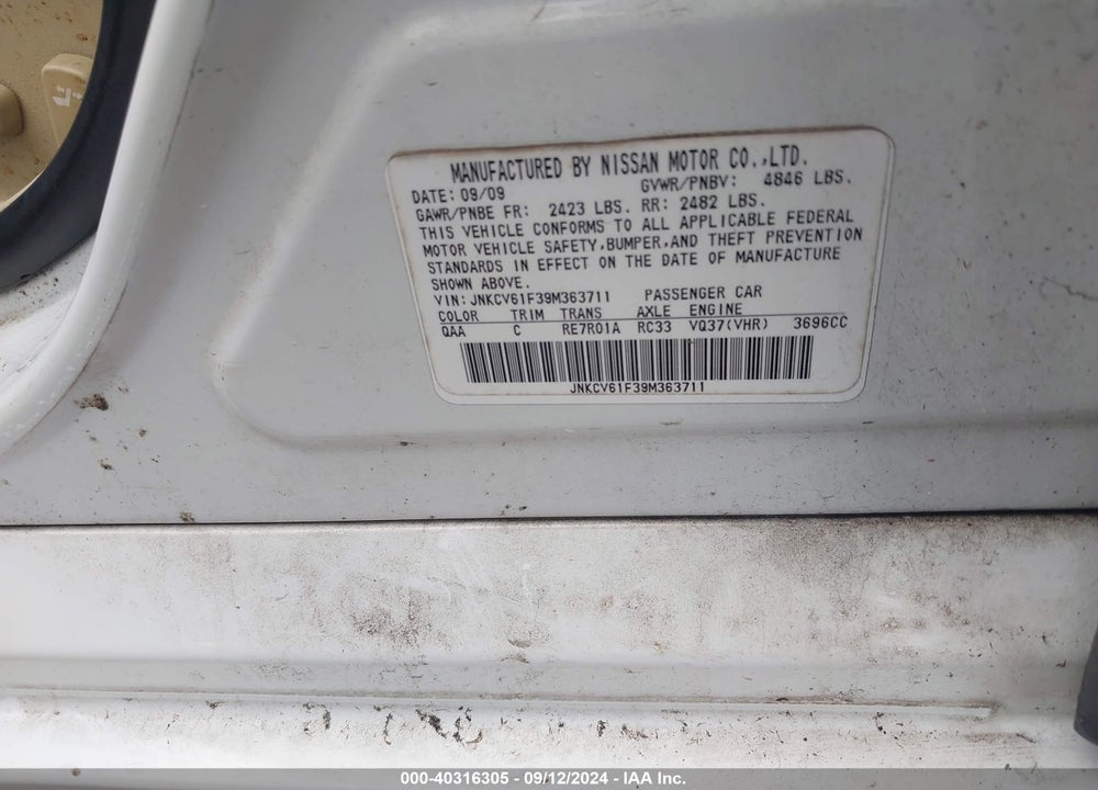 2009 INFINITI G37X VIN: JNKCV61F39M363711