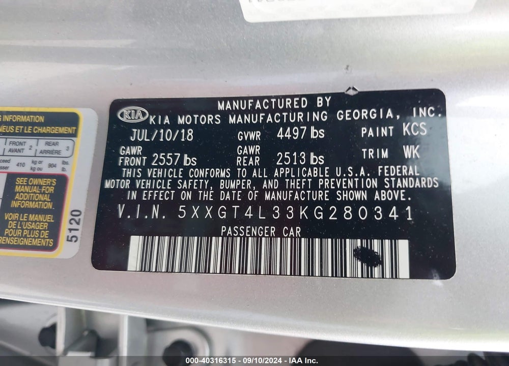 2019 KIA OPTIMA LX VIN: 5XXGT4L33KG280341
