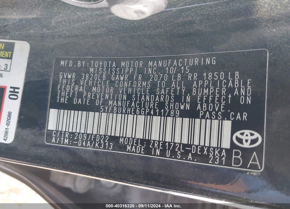 2016 TOYOTA COROLLA S PLUS VIN: 5YFBURHE6GP411789