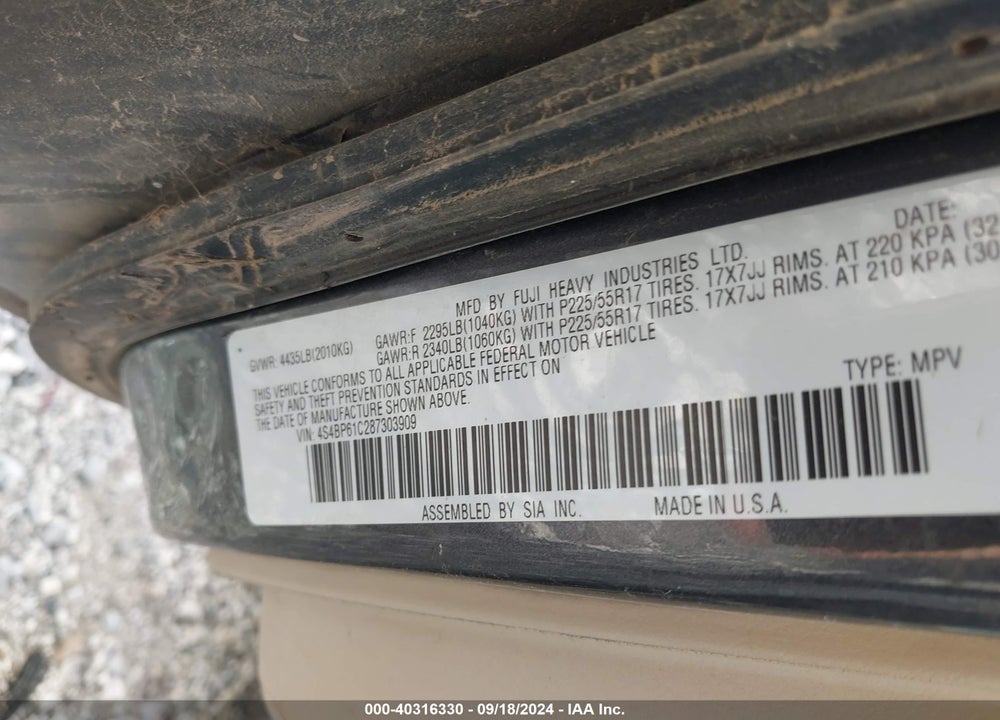 2008 SUBARU OUTBACK 2.5I/2.5I L.L. BEAN EDITION VIN: 4S4BP61C287303909