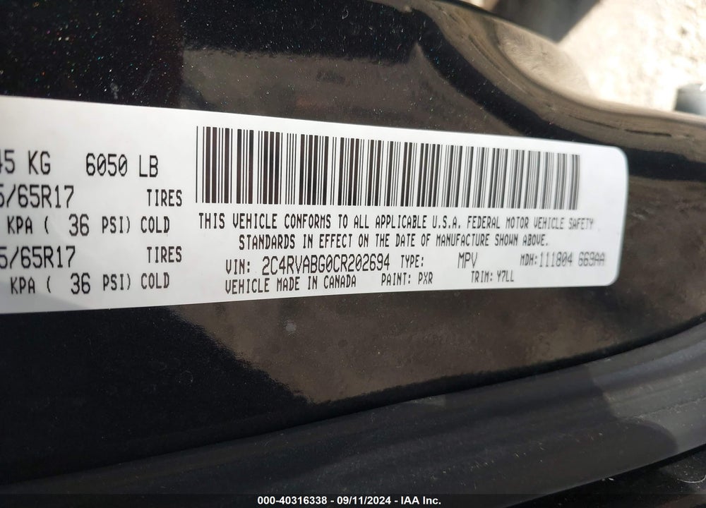 2012 VOLKSWAGEN ROUTAN SE VIN: 2C4RVABG0CR202694