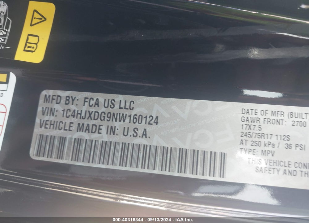 2022 JEEP WRANGLER UNLIMITED SPORT S 4X4 VIN: 1C4HJXDG9NW160124