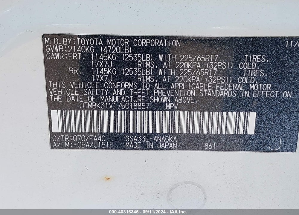 2007 TOYOTA RAV4 LIMITED V6 VIN: JTMBK31V175018857