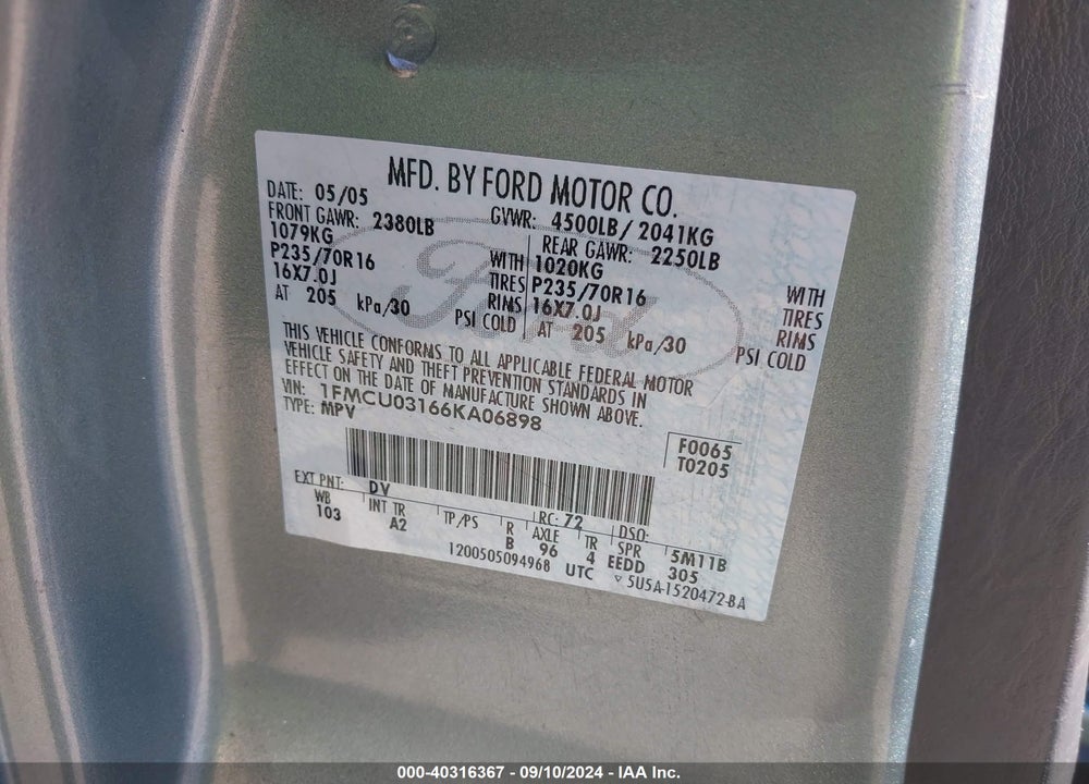 2006 FORD ESCAPE XLT/XLT SPORT VIN: 1FMCU03166KA06898