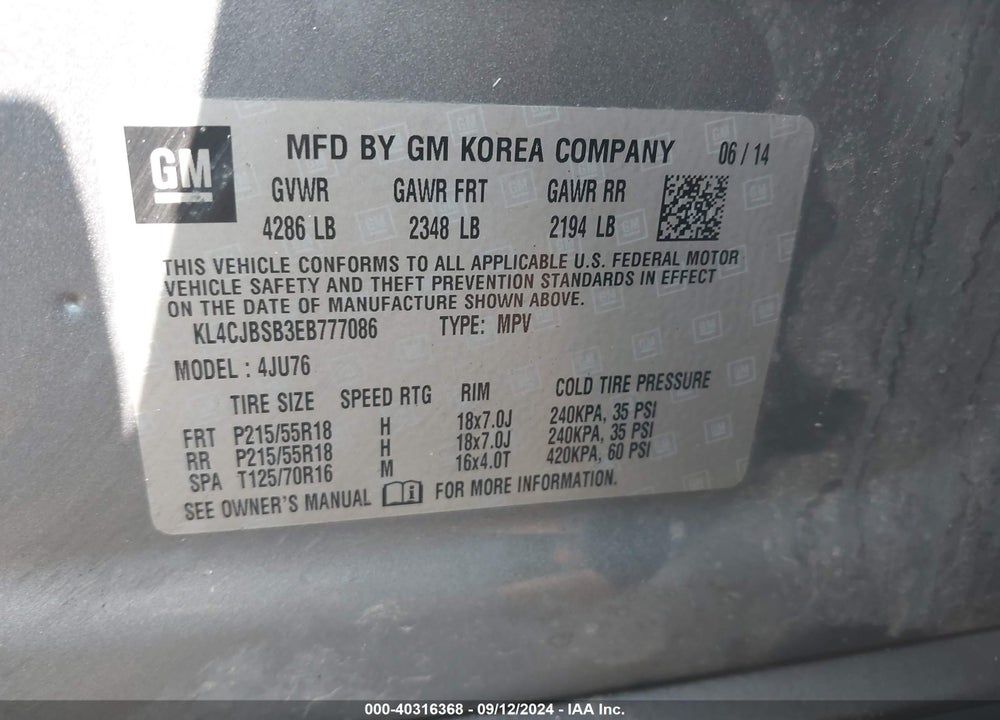 2014 BUICK ENCORE CONVENIENCE VIN: KL4CJBSB3EB777086