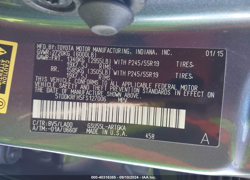 2015 TOYOTA HIGHLANDER LIMITED V6 VIN: 5TDDKRFH5FS127006