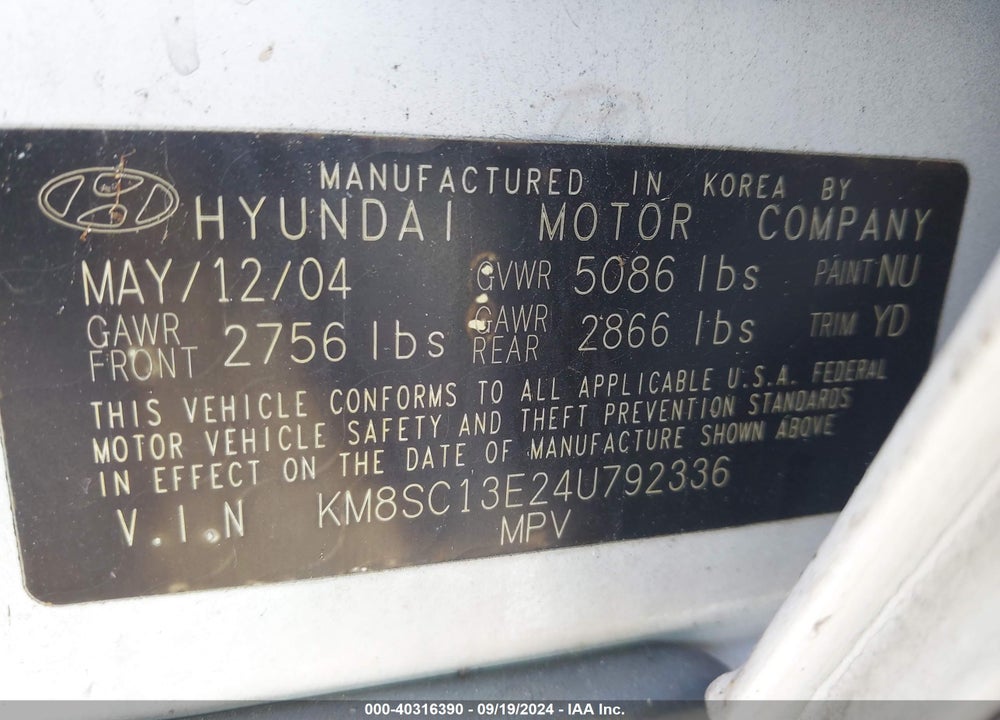 2004 HYUNDAI SANTA FE GLS/LX VIN: KM8SC13E24U792336