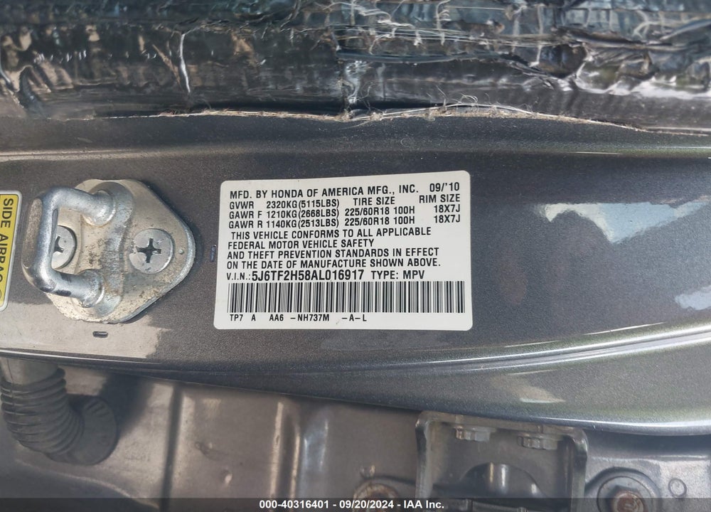 2010 HONDA ACCORD CROSSTOUR EX-L VIN: 5J6TF2H58AL016917