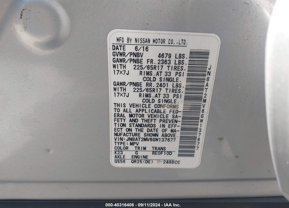 2016 NISSAN ROGUE S VIN: JN8AT2MV6GW137677