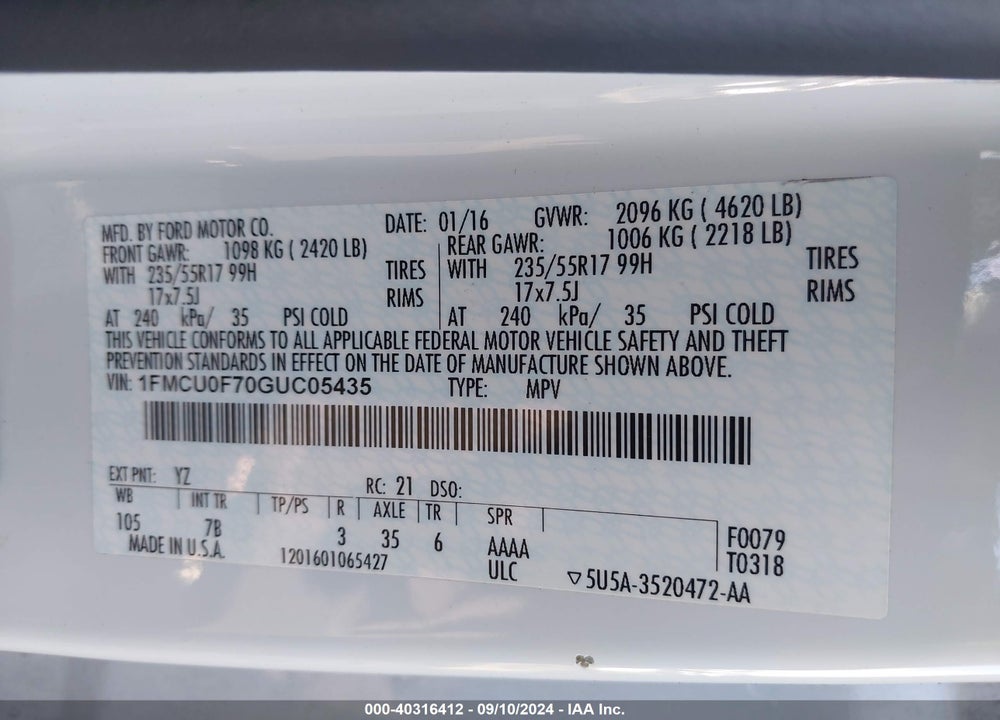 2016 FORD ESCAPE S VIN: 1FMCU0F70GUC05435