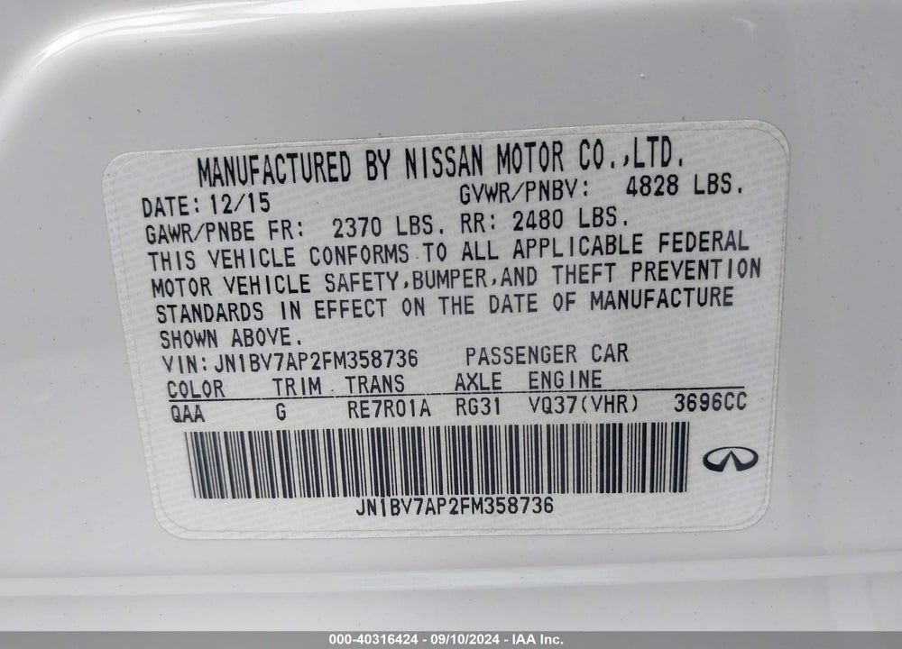 2015 INFINITI Q50 PREMIUM VIN: JN1BV7AP2FM358736