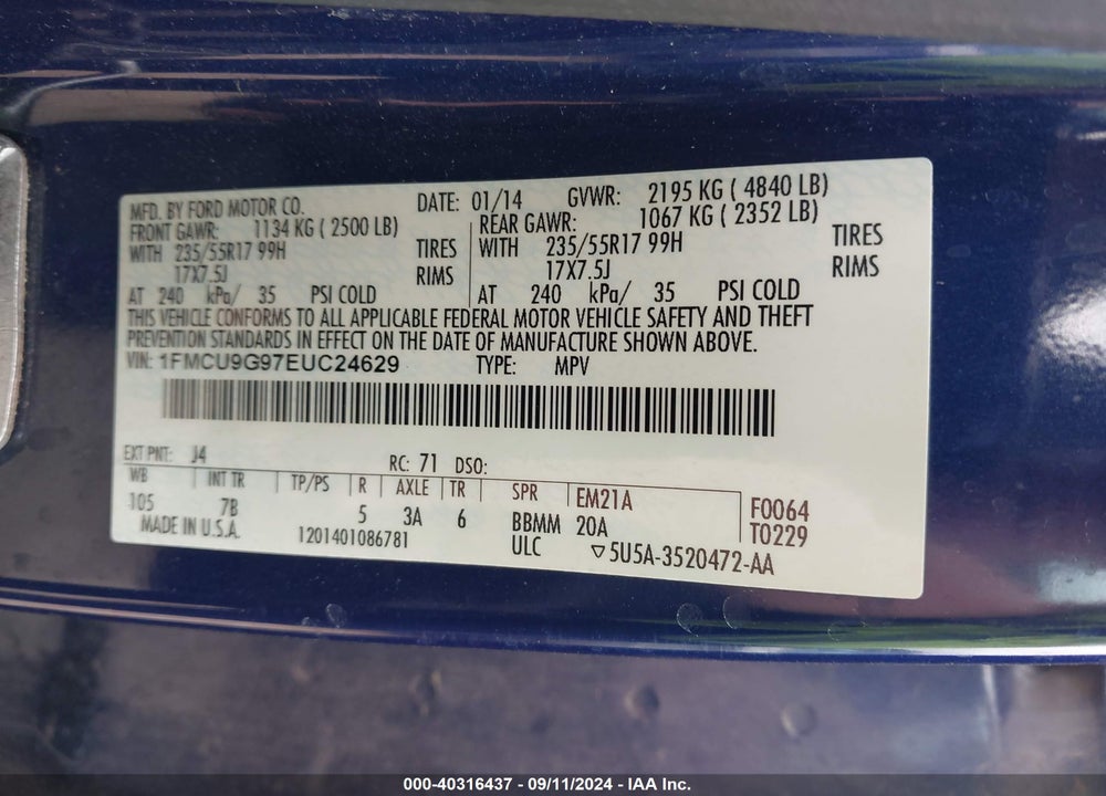 2014 FORD ESCAPE SE VIN: 1FMCU9G97EUC24629