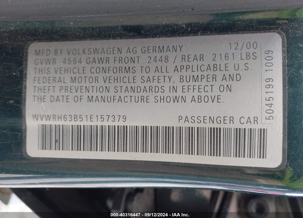 2001 VOLKSWAGEN PASSAT GLX VIN: WVWRH63B51E157379