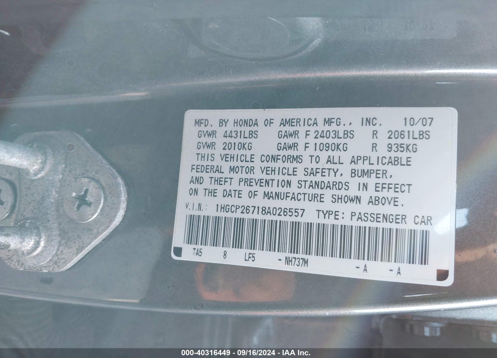 2008 HONDA ACCORD 2.4 EX VIN: 1HGCP26718A026557