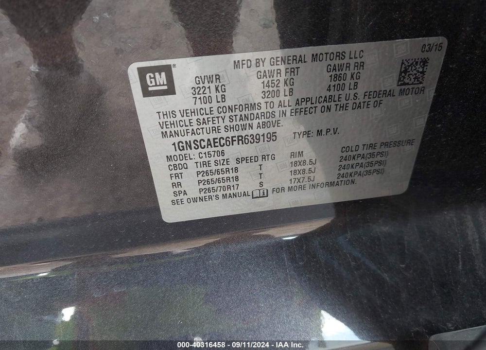 2015 CHEVROLET TAHOE LS VIN: 1GNSCAEC6FR639195