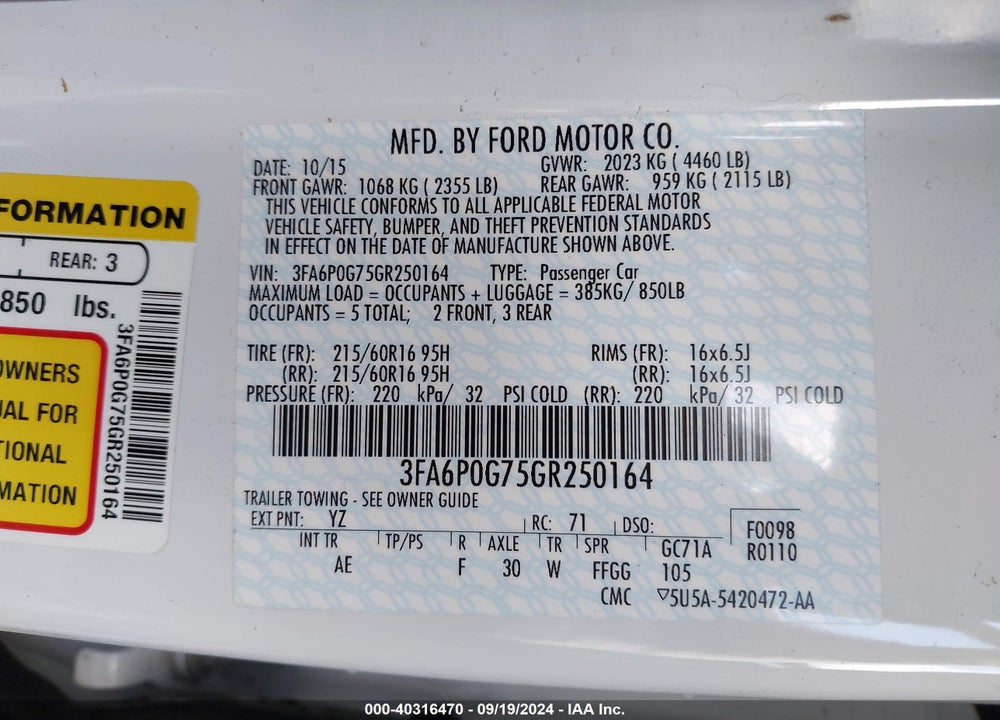 2016 FORD FUSION S VIN: 3FA6P0G75GR250164