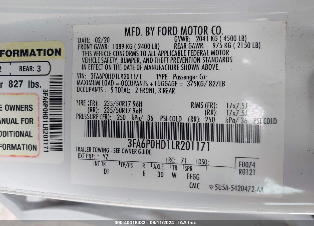 2020 FORD FUSION SE VIN: 3FA6P0HD1LR201171