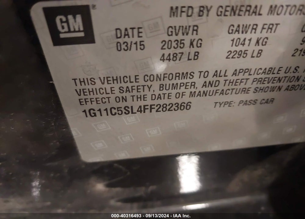 2015 CHEVROLET MALIBU 1LT VIN: 1G11C5SL4FF282366