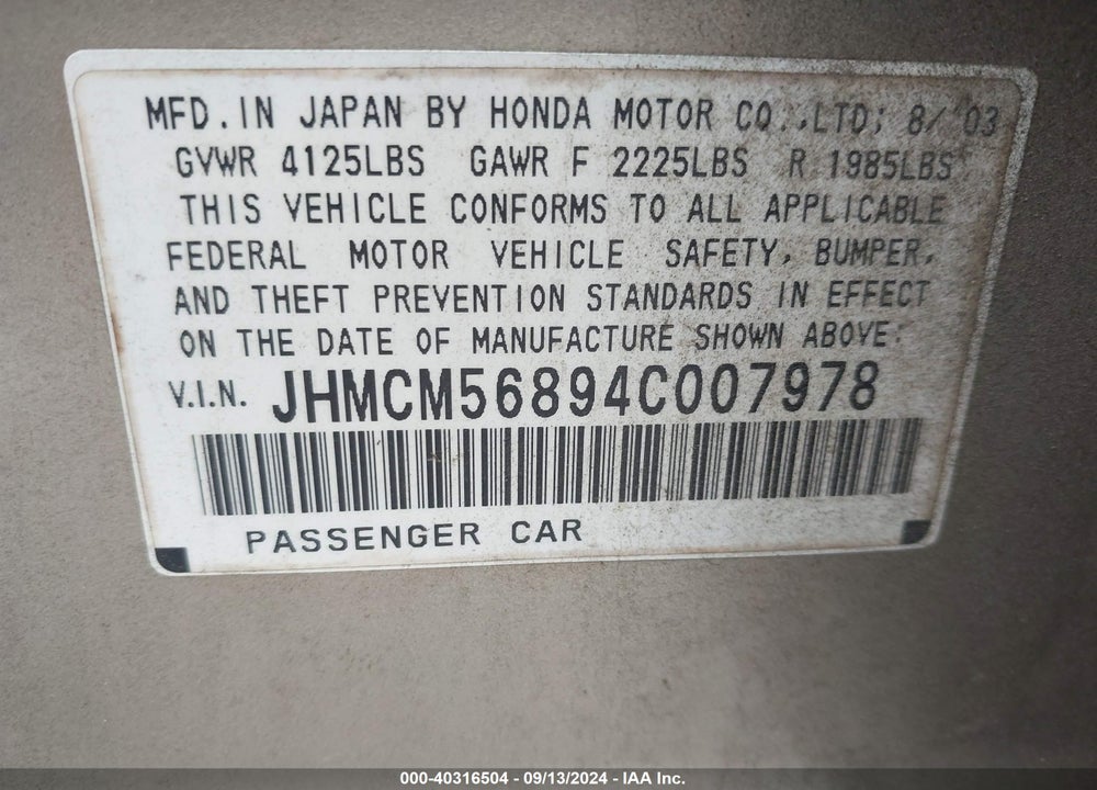 2004 HONDA ACCORD 2.4 EX VIN: JHMCM56894C007978
