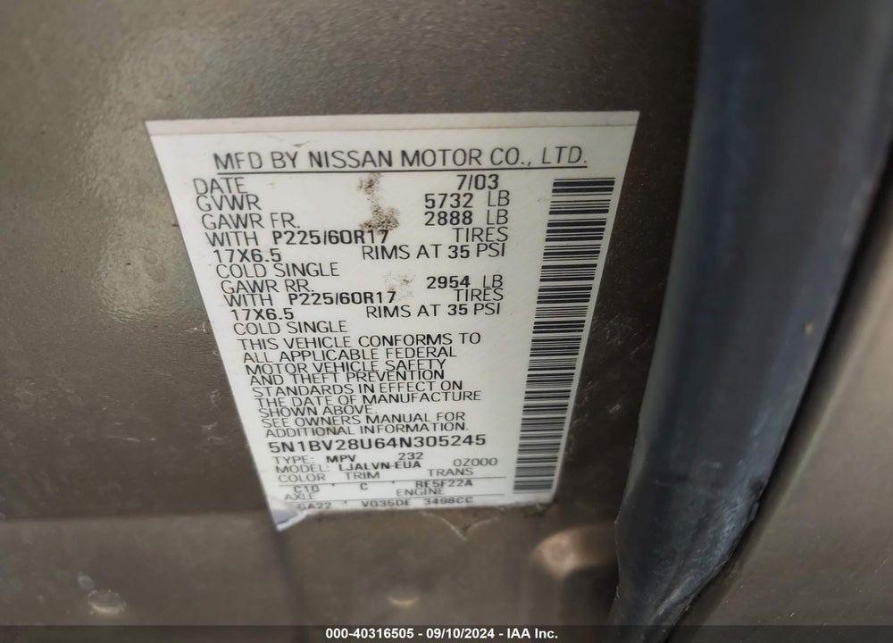 2004 NISSAN QUEST 3.5 SE VIN: 5N1BV28U64N305245