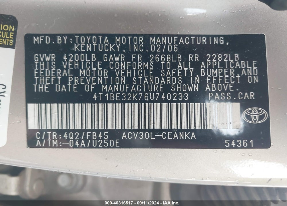 2006 TOYOTA CAMRY STD/ VIN: 4T1BE32K76U740233