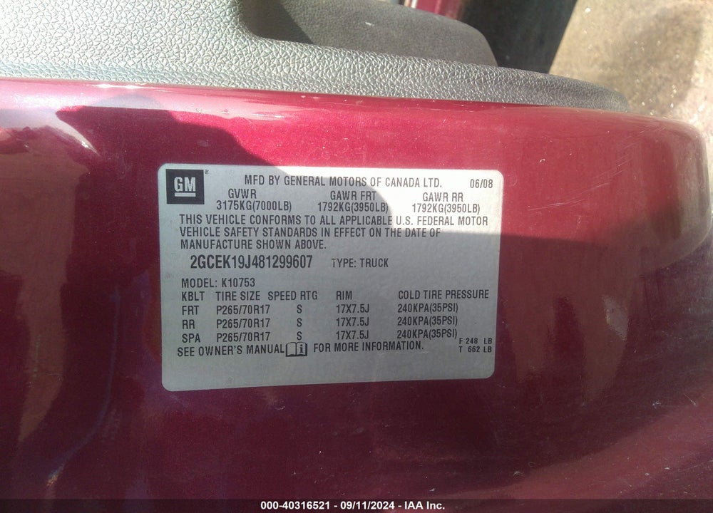 2008 CHEVROLET SILVERADO 1500 LT1 VIN: 2GCEK19J481299607