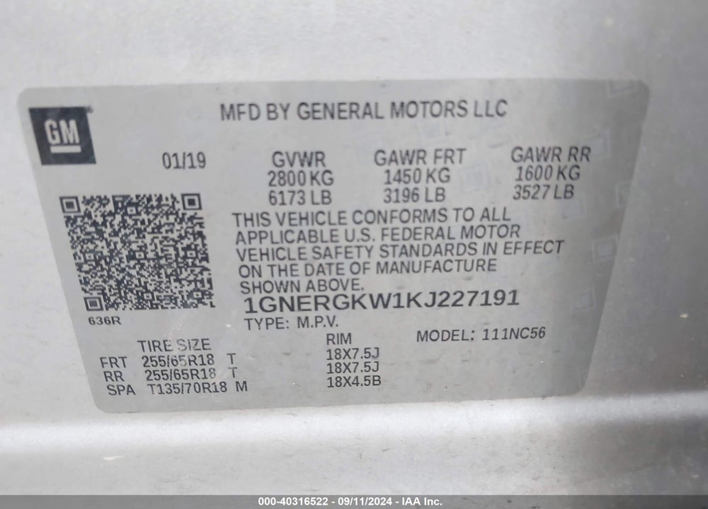 2019 CHEVROLET TRAVERSE 1LT VIN: 1GNERGKW1KJ227191