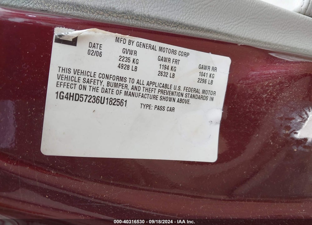 2006 BUICK LUCERNE CXL VIN: 1G4HD57236U182561
