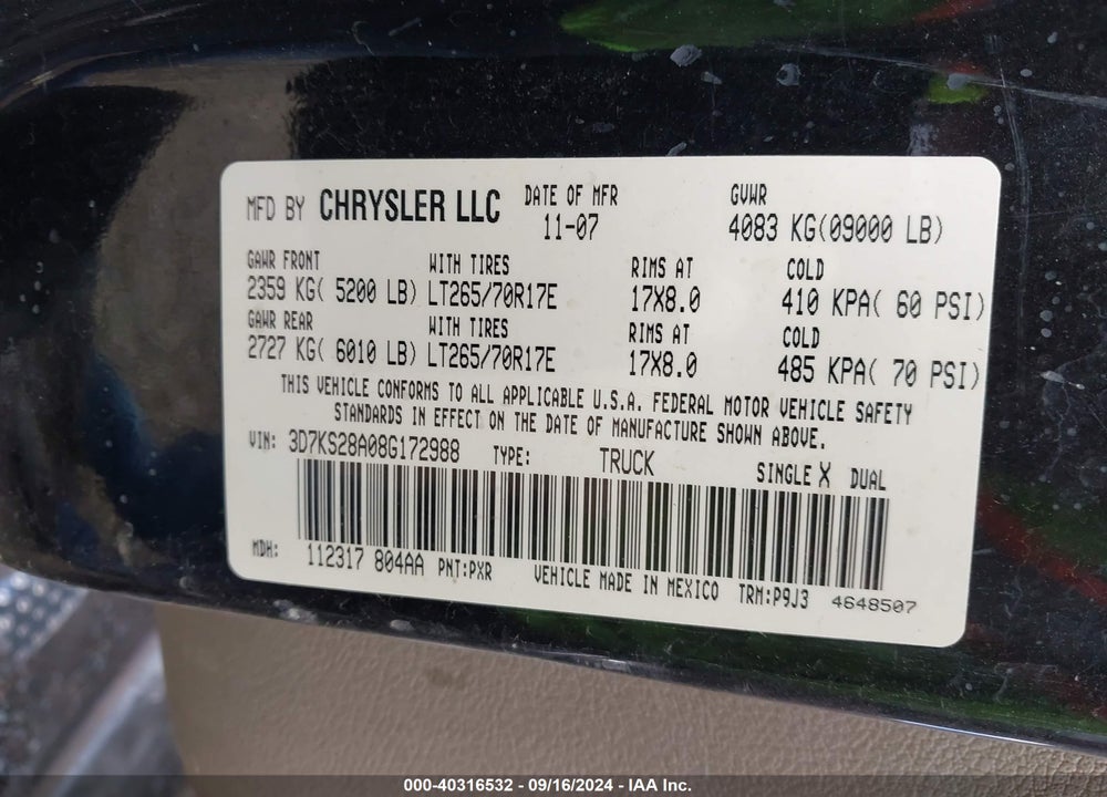 2008 DODGE RAM 2500 SLT/POWER WAGON VIN: 3D7KS28A08G172988