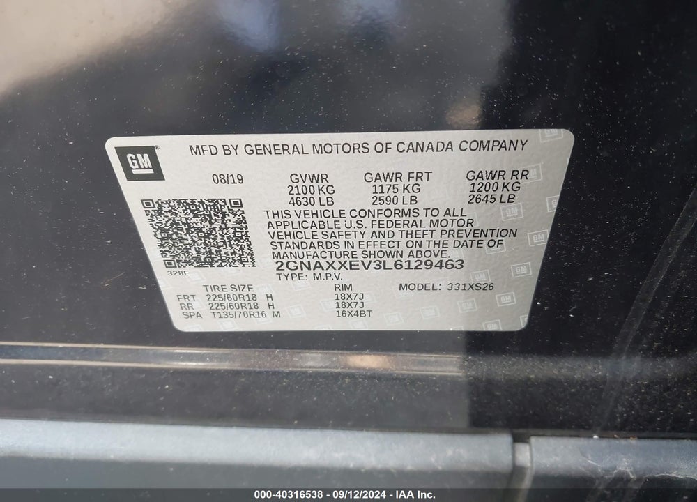 2020 CHEVROLET EQUINOX AWD PREMIER 1.5L TURBO VIN: 2GNAXXEV3L6129463