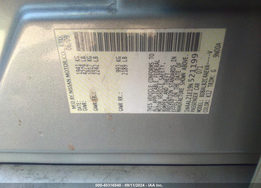 2009 NISSAN ALTIMA 2.5 S VIN: 1N4AL21E19N521199