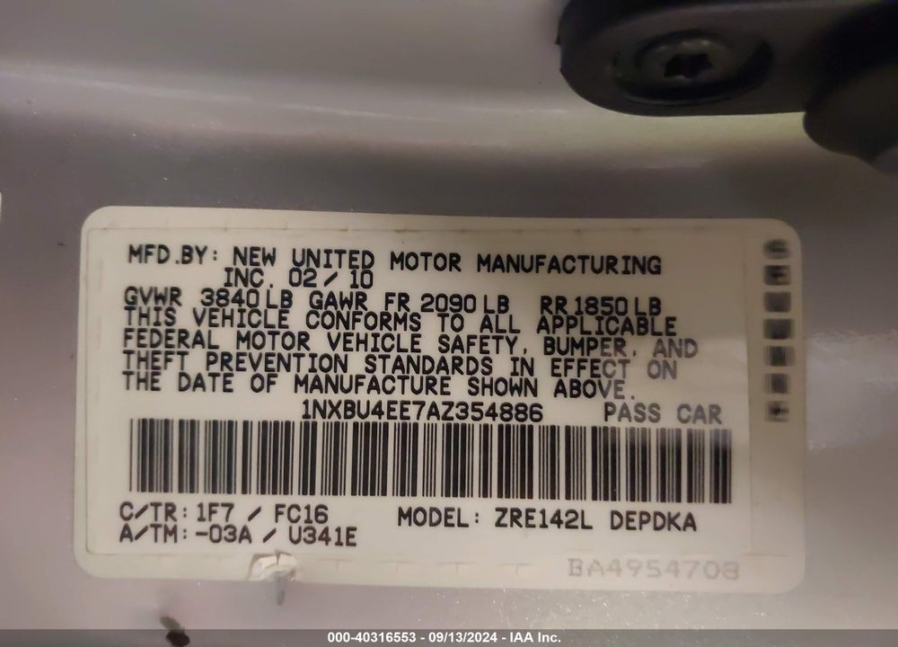 2010 TOYOTA COROLLA LE VIN: 1NXBU4EE7AZ354886