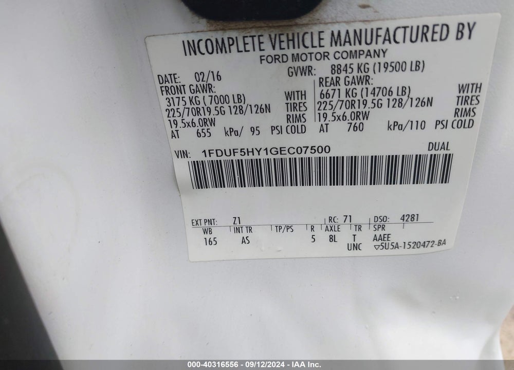 2016 FORD F-550 CHASSIS XL VIN: 1FDUF5HY1GEC07500