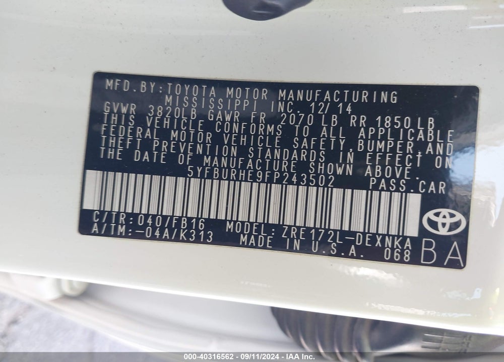 2015 TOYOTA COROLLA VIN: 5YFBURHE9FP243502