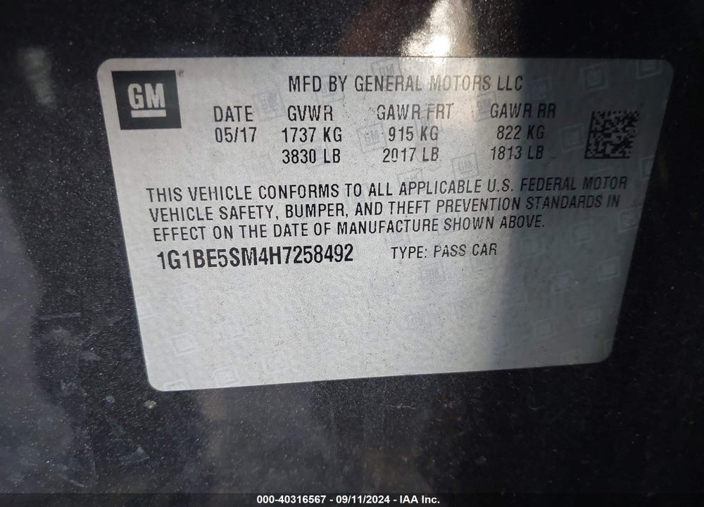 2017 CHEVROLET CRUZE LT AUTO VIN: 1G1BE5SM4H7258492