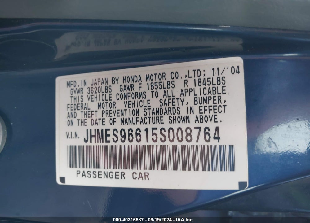 2005 HONDA CIVIC HYBRID VIN: JHMES96615S008764