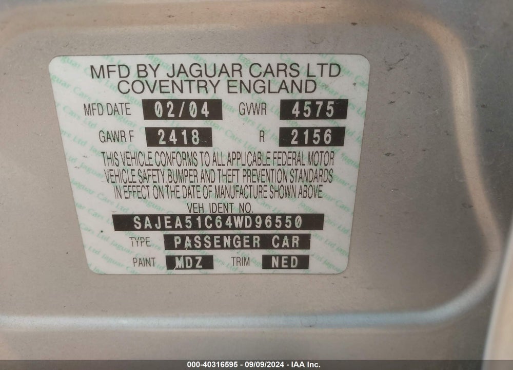 2004 JAGUAR X-TYPE 3.0 VIN: SAJEA51C64WD96550