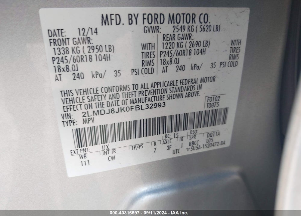 2015 LINCOLN MKX VIN: 2LMDJ8JK0FBL32993